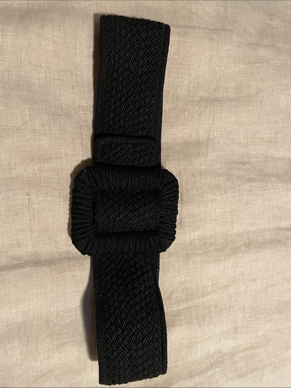 Vintage Pearl Black Woven Fabric Belt with Covered Rectangular Buckle